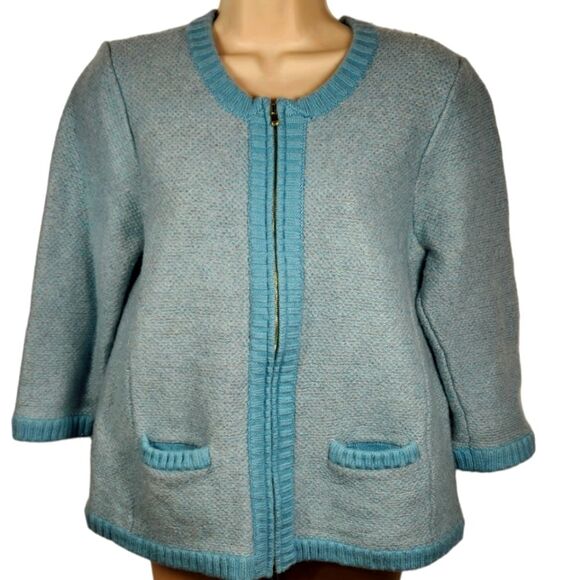 Ann Taylor Cardigan Sweater Merino Wool Modal Blue Gray Turquoise Chanel L - Picture 1 of 12